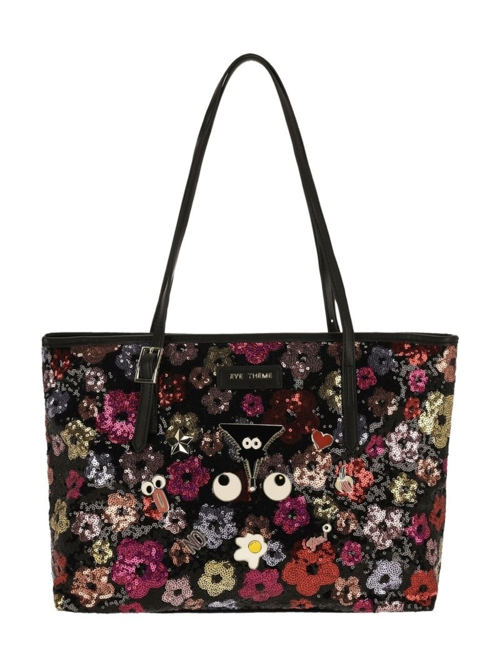 Eye Theme Black Sequin Floral Tote with Character Embellishments